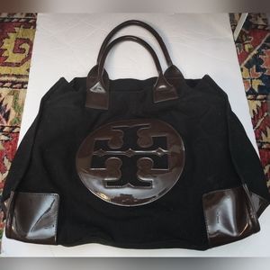 Tory Burch Ella Canvas tote brown black logo shopping Hamptons Farmers Market